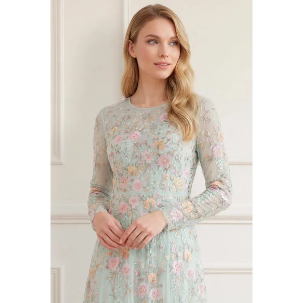 Needle & Thread Garden Rose Long Sleeve Ankle Gown in Sea Mist/Pastel Mint - Dresses - British Luxury Evening Wear at Coveti