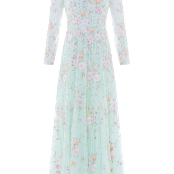 Needle & Thread Garden Rose Long Sleeve Ankle Gown in Sea Mist/Pastel Mint - Dresses - British Luxury Evening Wear at Coveti