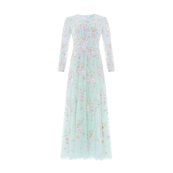 Needle & Thread Garden Rose Long Sleeve Ankle Gown in Sea Mist/Pastel Mint - Dresses - British Luxury Evening Wear at Coveti