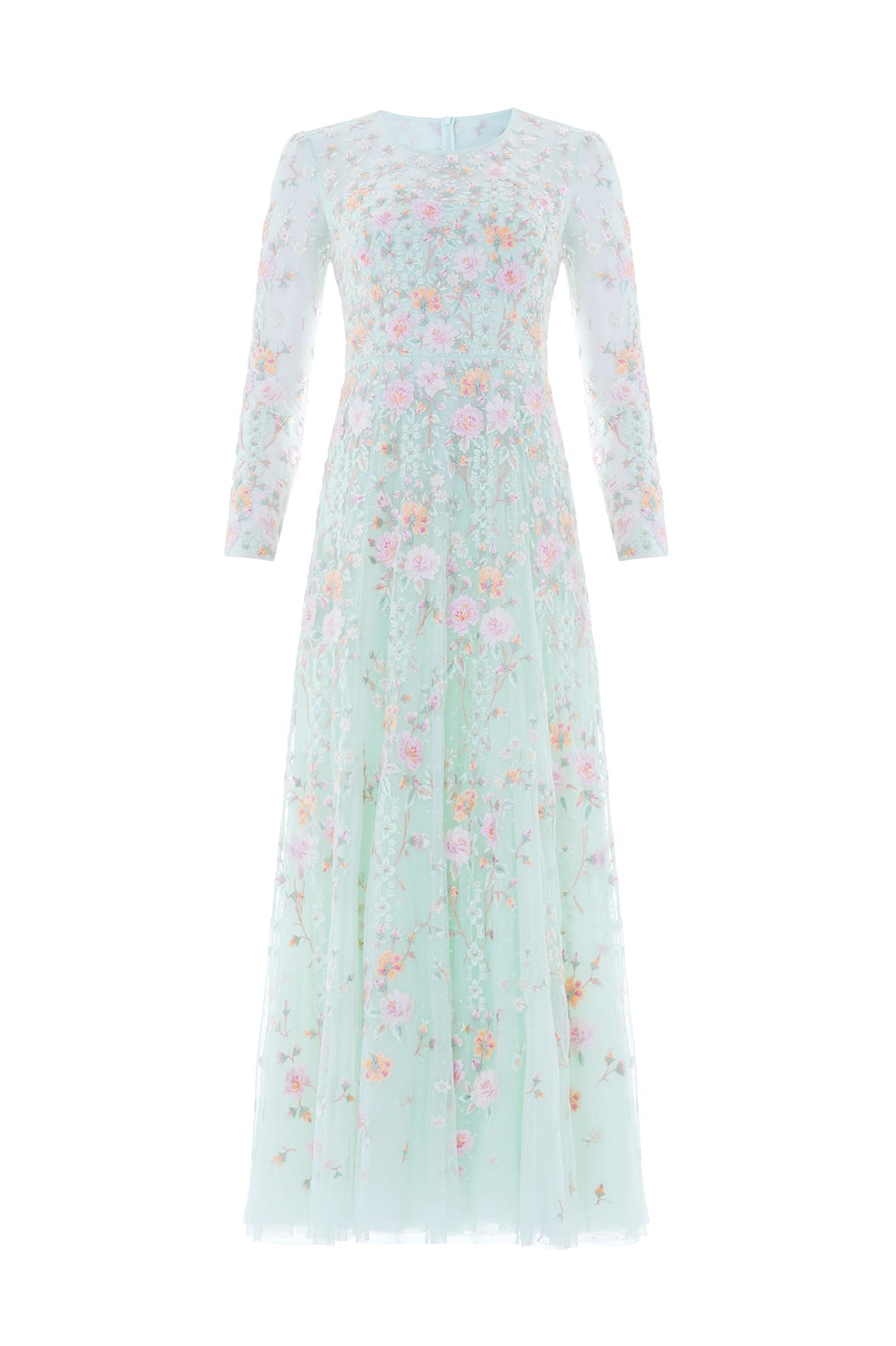 Needle & Thread Garden Rose Long Sleeve Ankle Gown in Sea Mist/Pastel Mint - Dresses - British Luxury Evening Wear at Coveti