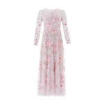 Needle & Thread Garden Rose Long Sleeve Ankle Gown in Shell/Bright - Dresses - British Luxury Evening Wear at Coveti