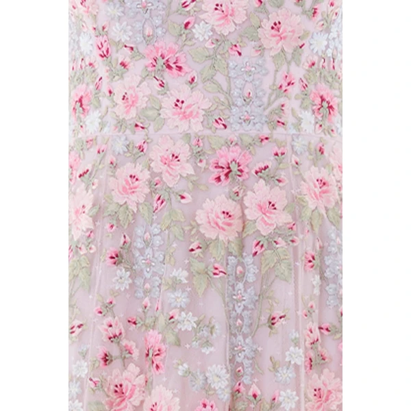Needle & Thread Garden Rose Long Sleeve Ankle Gown in Shell/Bright - Dresses - British Luxury Evening Wear at Coveti