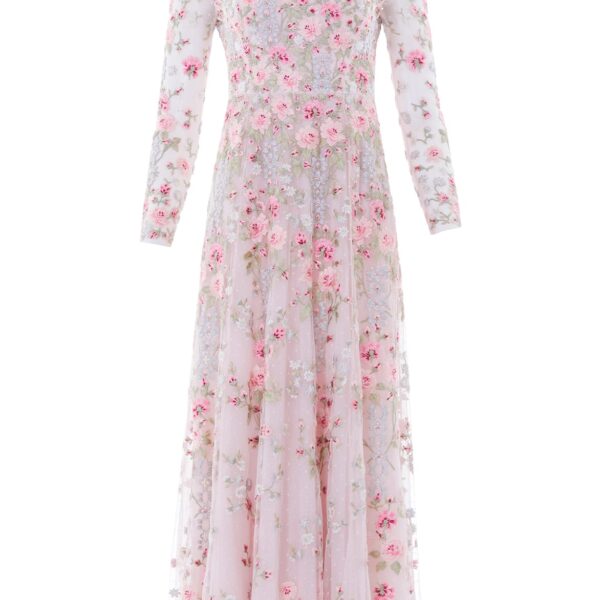 Needle & Thread Garden Rose Long Sleeve Ankle Gown in Shell/Bright - Dresses - British Luxury Evening Wear at Coveti
