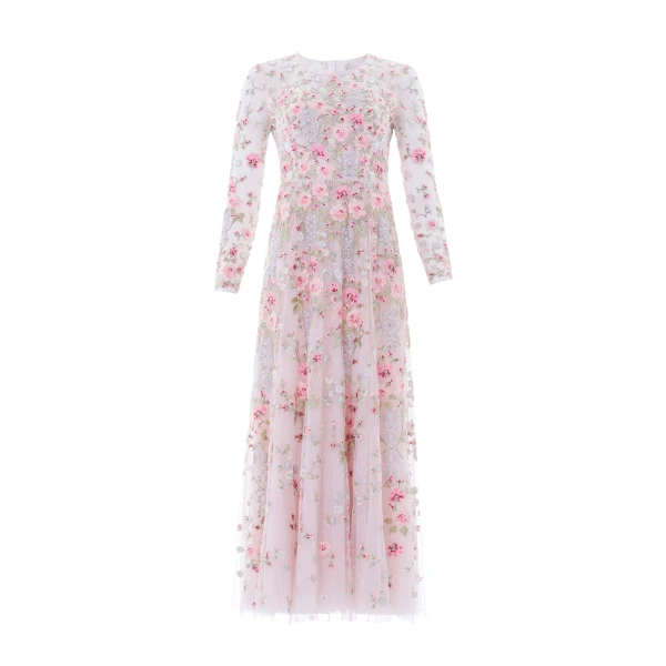 Needle & Thread Garden Rose Long Sleeve Ankle Gown in Shell/Bright - Dresses - British Luxury Evening Wear at Coveti