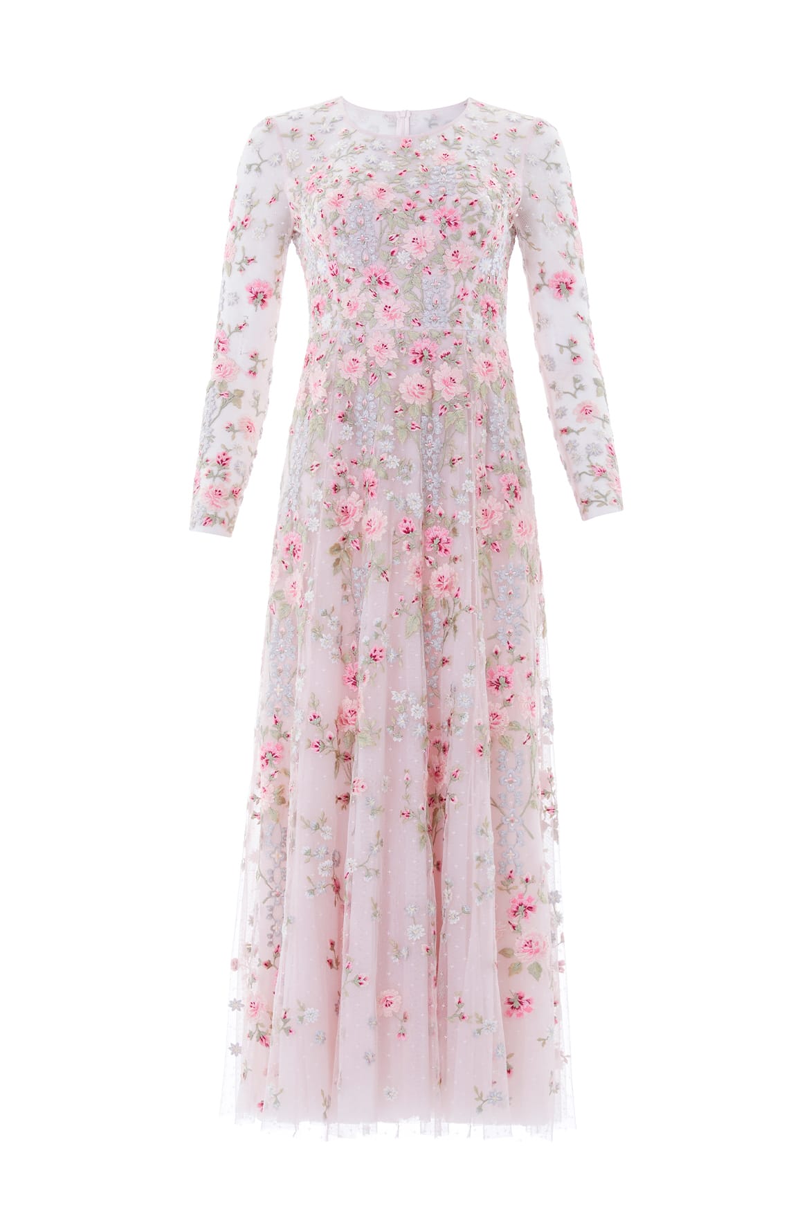 Needle & Thread Garden Rose Long Sleeve Ankle Gown in Shell/Bright - Dresses - British Luxury Evening Wear at Coveti