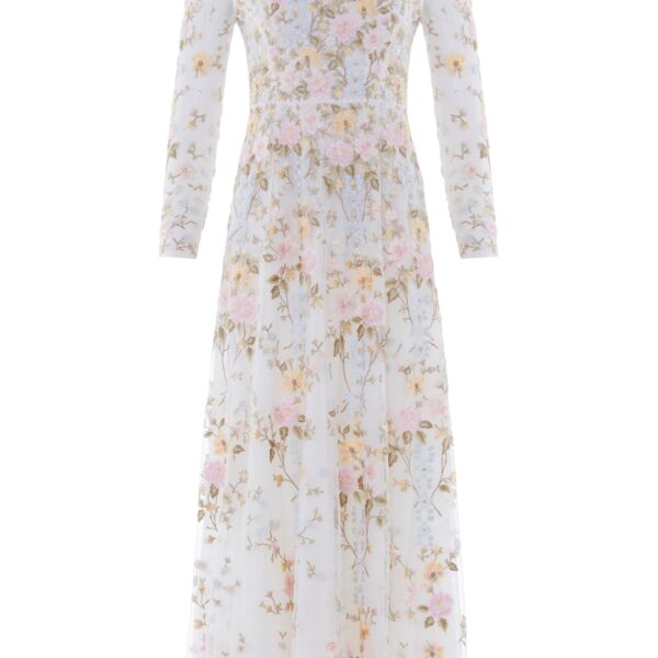 Needle & Thread Garden Rose Long Sleeve Ankle Gown in Swan White/Pastel Blue - Dresses - British Luxury Evening Wear at Coveti