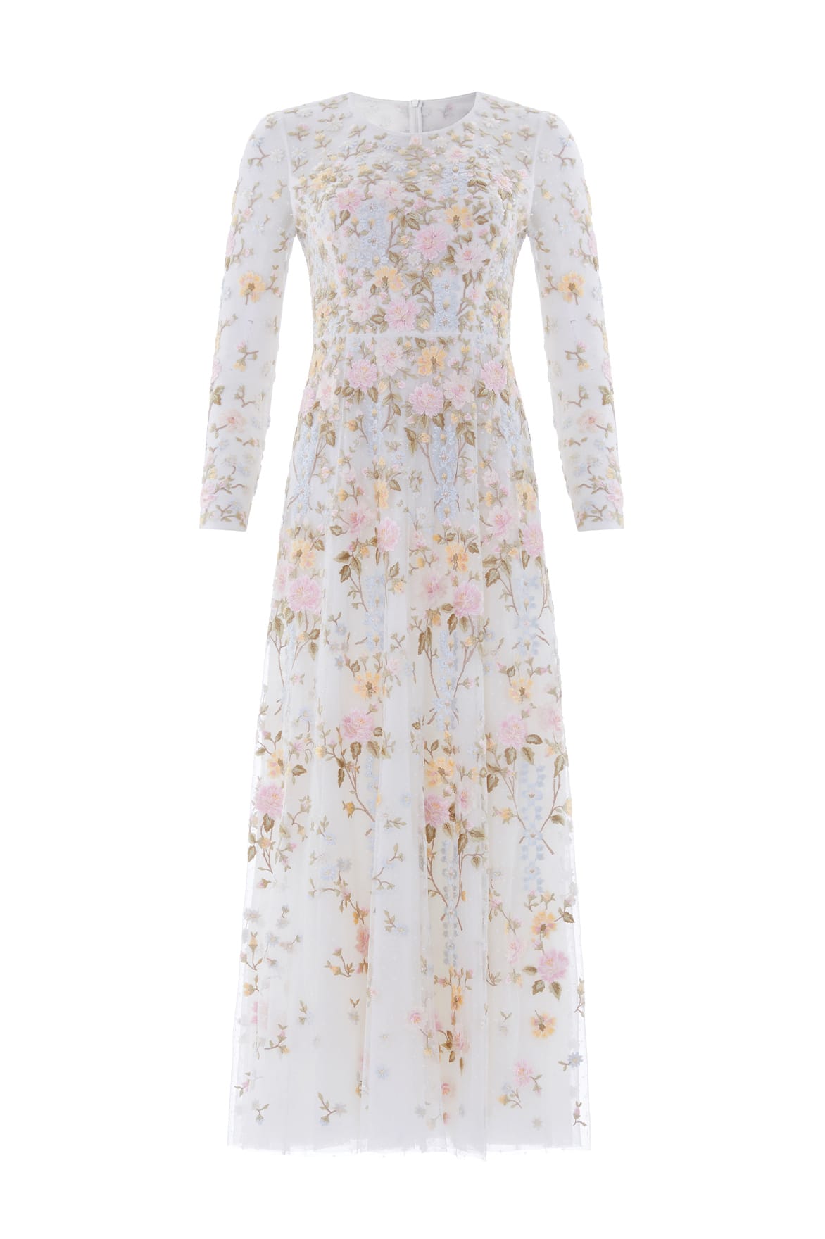 Needle & Thread Garden Rose Long Sleeve Ankle Gown in Swan White/Pastel Blue - Dresses - British Luxury Evening Wear at Coveti