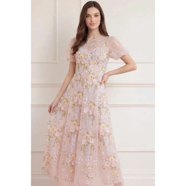 Needle & Thread Garden Rose Short Sleeve Ankle Gown in Shell/Pastel Blue - Dresses - British Luxury Evening Wear at Coveti
