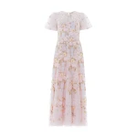 Needle & Thread Garden Rose Short Sleeve Ankle Gown in Shell/Pastel Blue - Dresses - British Luxury Evening Wear at Coveti