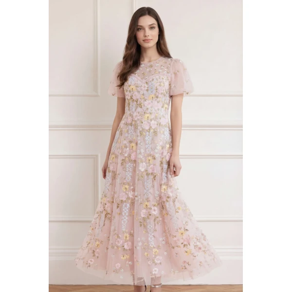 Needle & Thread Garden Rose Short Sleeve Ankle Gown in Shell/Pastel Blue - Dresses - British Luxury Evening Wear at Coveti