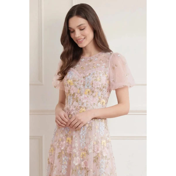 Needle & Thread Garden Rose Short Sleeve Ankle Gown in Shell/Pastel Blue - Dresses - British Luxury Evening Wear at Coveti