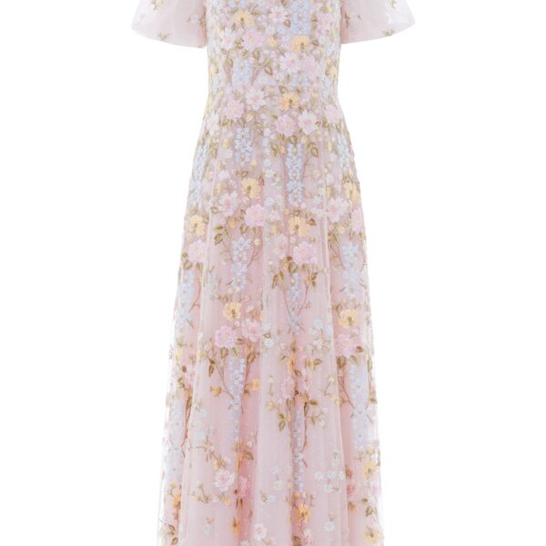 Needle & Thread Garden Rose Short Sleeve Ankle Gown in Shell/Pastel Blue - Dresses - British Luxury Evening Wear at Coveti