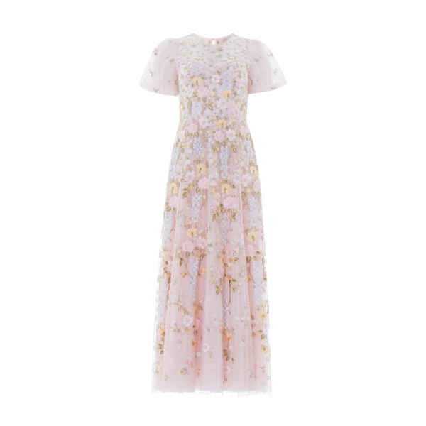 Needle & Thread Garden Rose Short Sleeve Ankle Gown in Shell/Pastel Blue - Dresses - British Luxury Evening Wear at Coveti