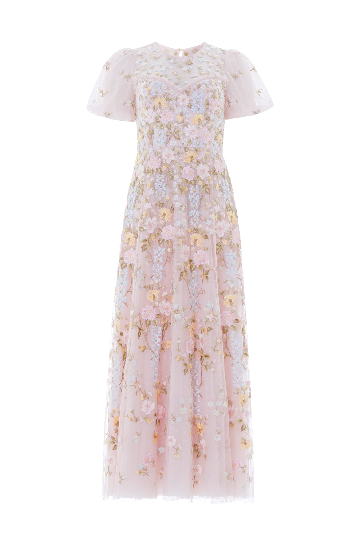 Needle & Thread Garden Rose Short Sleeve Ankle Gown in Shell/Pastel Blue - Dresses - British Luxury Evening Wear at Coveti