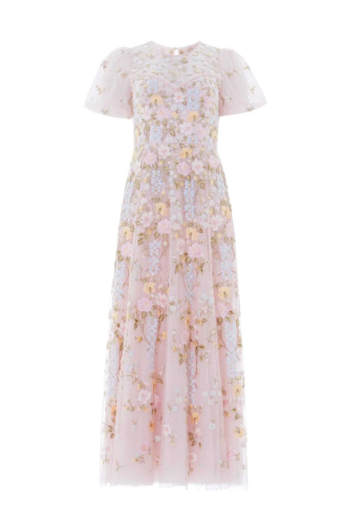 Needle & Thread Garden Rose Short Sleeve Ankle Gown in Shell/Pastel Blue - Dresses - British Luxury Evening Wear at Coveti Needle & Thread Garden Rose Short Sleeve Ankle Gown in Shell/Pastel Blue - Dresses - British Luxury Evening Wear at Coveti