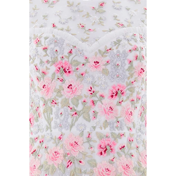 Needle & Thread Garden Rose Short Sleeve Ankle Gown in Swan White/Bright - Dresses - British Luxury Evening Wear at Coveti