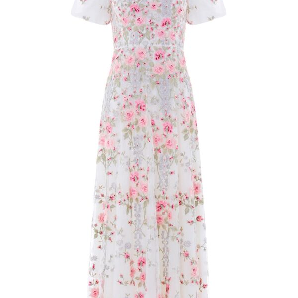 Needle & Thread Garden Rose Short Sleeve Ankle Gown in Swan White/Bright - Dresses - British Luxury Evening Wear at Coveti