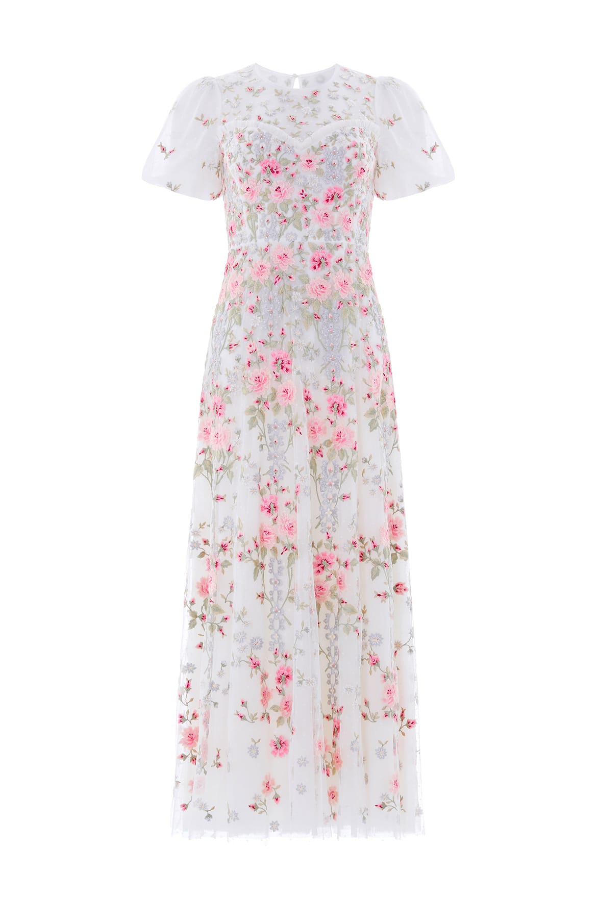 Needle & Thread Garden Rose Short Sleeve Ankle Gown in Swan White/Bright - Dresses - British Luxury Evening Wear at Coveti