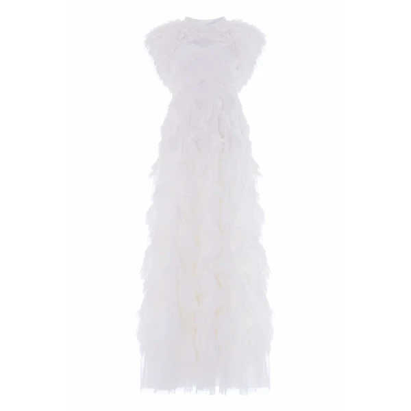 Needle & Thread Genevieve Ruffle Gown in Swan White - Dresses - British Luxury Evening Wear at Coveti