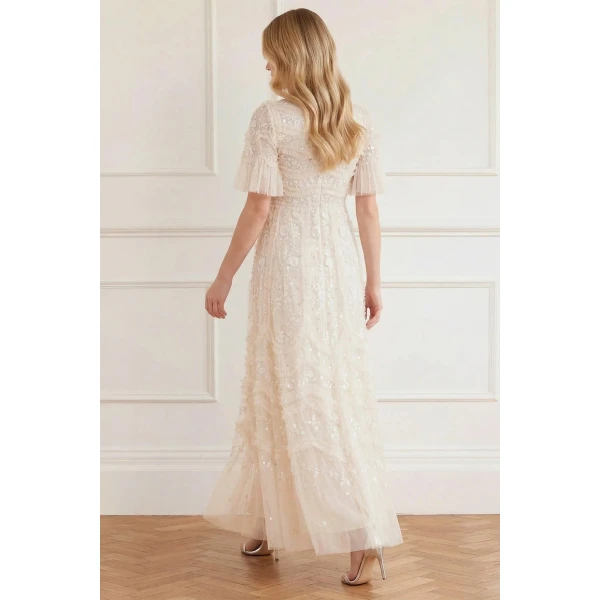 Needle & Thread Gianna Ruffle Short Sleeve Ankle Gown in Cream - Dresses - British Luxury Evening Wear at Coveti