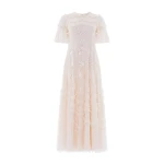 Needle & Thread Gianna Ruffle Short Sleeve Ankle Gown in Cream - Dresses - British Luxury Evening Wear at Coveti