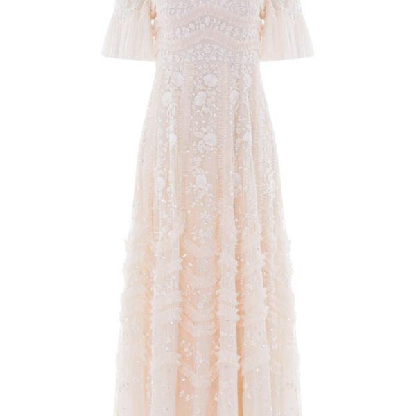 Needle & Thread Gianna Ruffle Short Sleeve Ankle Gown in Cream - Dresses - British Luxury Evening Wear at Coveti