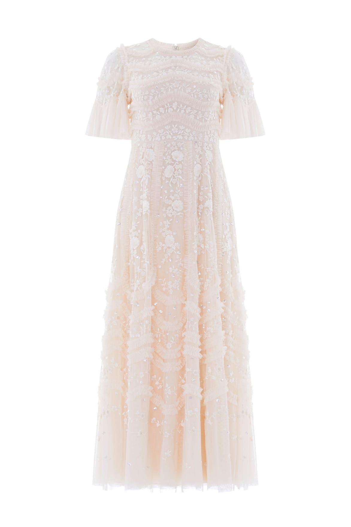 Needle & Thread Gianna Ruffle Short Sleeve Ankle Gown in Cream - Dresses - British Luxury Evening Wear at Coveti
