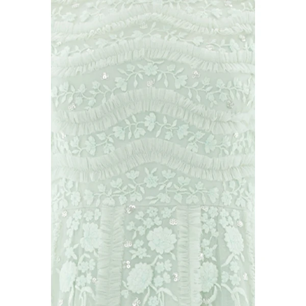 Needle & Thread Gianna Ruffle Short Sleeve Ankle Gown in Sea Mist - Dresses - British Luxury Evening Wear at Coveti