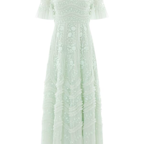 Needle & Thread Gianna Ruffle Short Sleeve Ankle Gown in Sea Mist - Dresses - British Luxury Evening Wear at Coveti