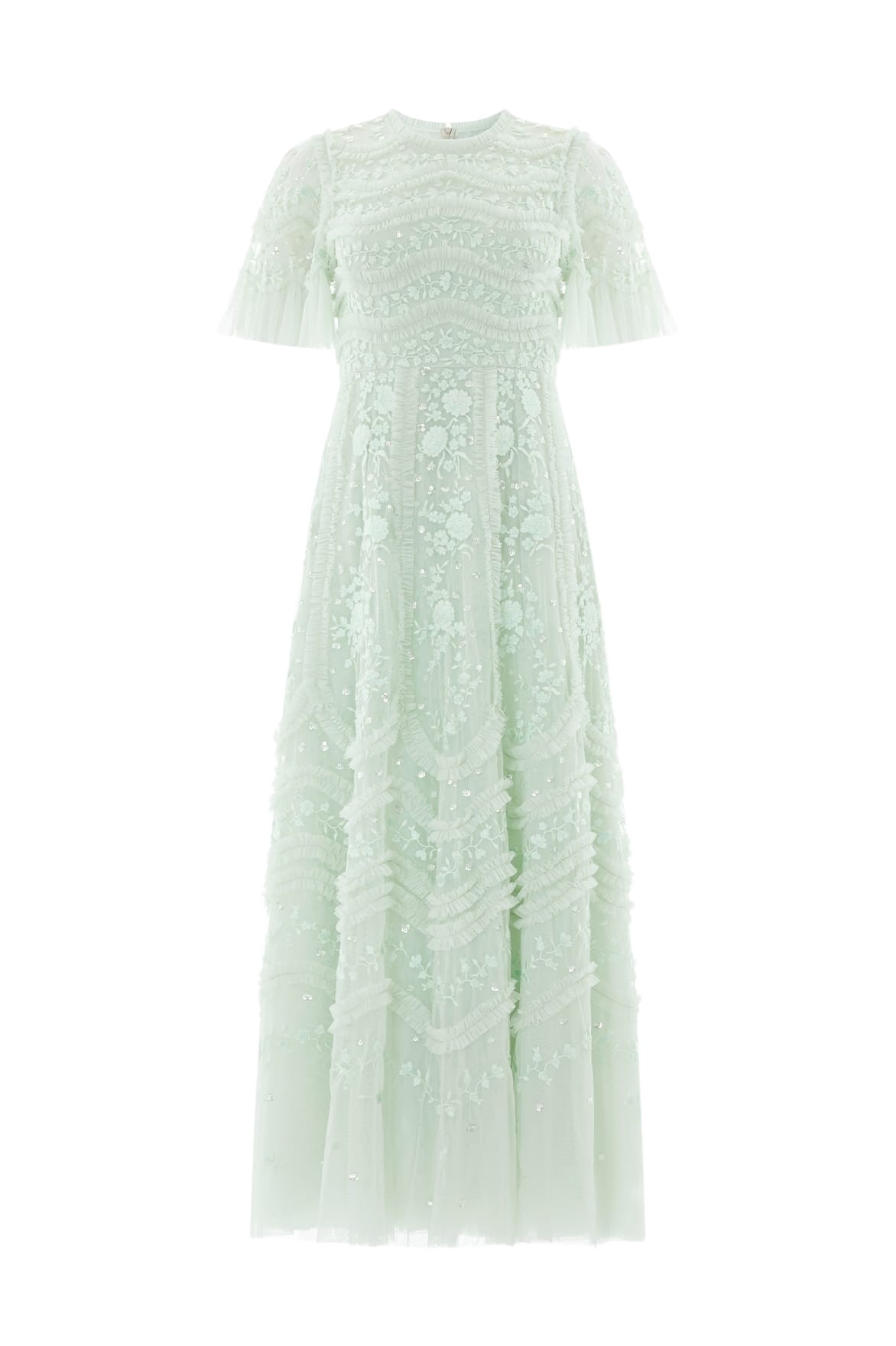 Needle & Thread Gianna Ruffle Short Sleeve Ankle Gown in Sea Mist - Dresses - British Luxury Evening Wear at Coveti