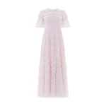 Needle & Thread Gianna Ruffle Short Sleeve Ankle Gown in Shell - Dresses - British Luxury Evening Wear at Coveti
