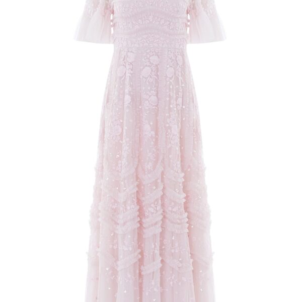 Needle & Thread Gianna Ruffle Short Sleeve Ankle Gown in Shell - Dresses - British Luxury Evening Wear at Coveti