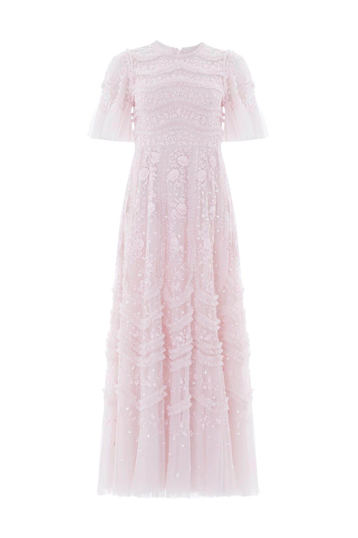 Needle & Thread Gianna Ruffle Short Sleeve Ankle Gown in Shell - Dresses - British Luxury Evening Wear at Coveti