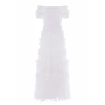 Needle & Thread Lisette Ruffle Off-Shoulder Gown in Swan White - Dresses - British Luxury Evening Wear at Coveti
