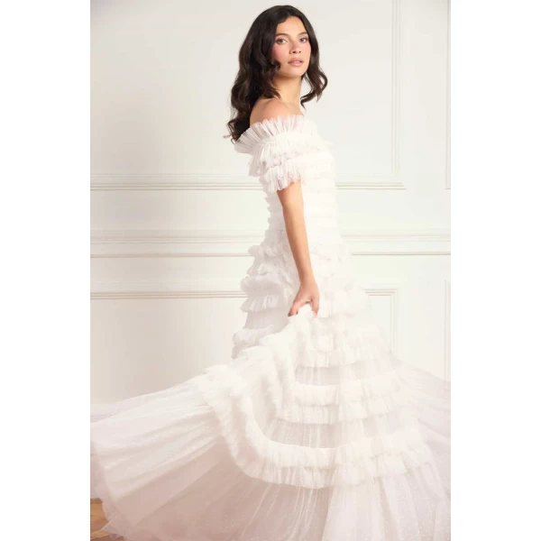Needle & Thread Lisette Ruffle Off-Shoulder Gown in Swan White - Dresses - British Luxury Evening Wear at Coveti