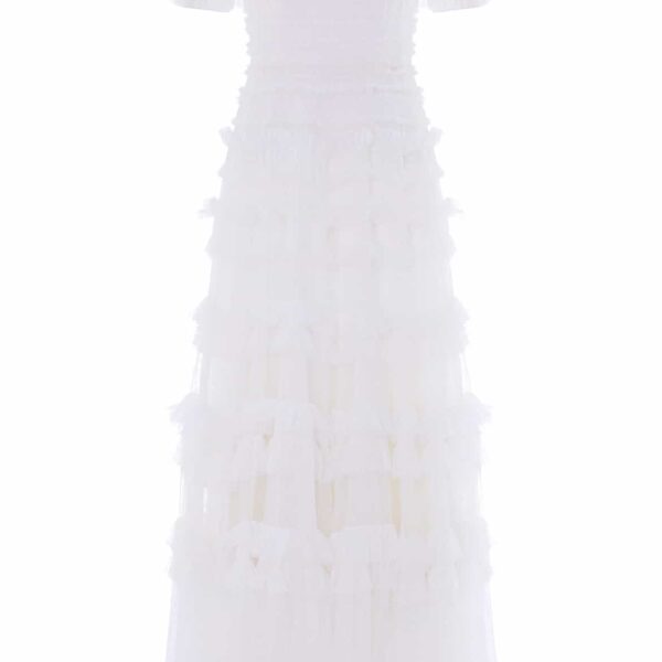 Needle & Thread Lisette Ruffle Off-Shoulder Gown in Swan White - Dresses - British Luxury Evening Wear at Coveti