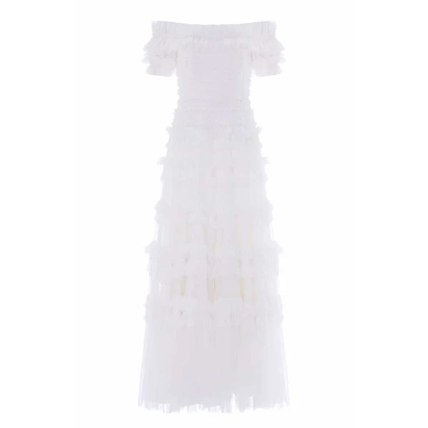 Needle & Thread Lisette Ruffle Off-Shoulder Gown in Swan White - Dresses - British Luxury Evening Wear at Coveti