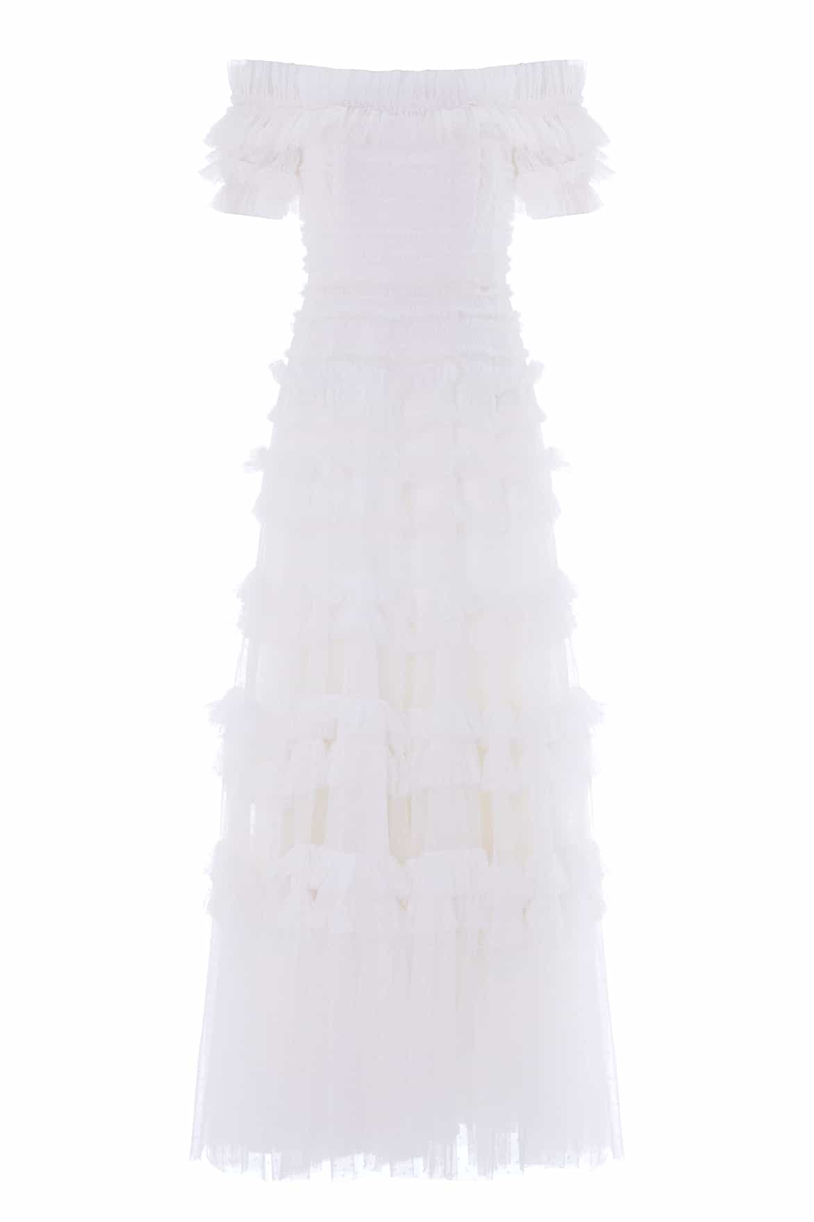 Needle & Thread Lisette Ruffle Off-Shoulder Gown in Swan White - Dresses - British Luxury Evening Wear at Coveti