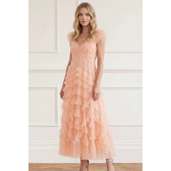 Needle & Thread Lola Backless Gown in Apricot Blush - Dresses - British Luxury Evening Wear at Coveti