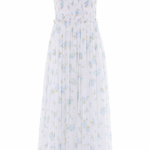 Needle & Thread Magnolia Ditsy Chiffon Smocked Cami Ankle Gown in White/Aqua - Dresses - British Luxury Evening Wear at Coveti
