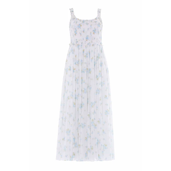 Needle & Thread Magnolia Ditsy Chiffon Smocked Cami Ankle Gown in White/Aqua - Dresses - British Luxury Evening Wear at Coveti