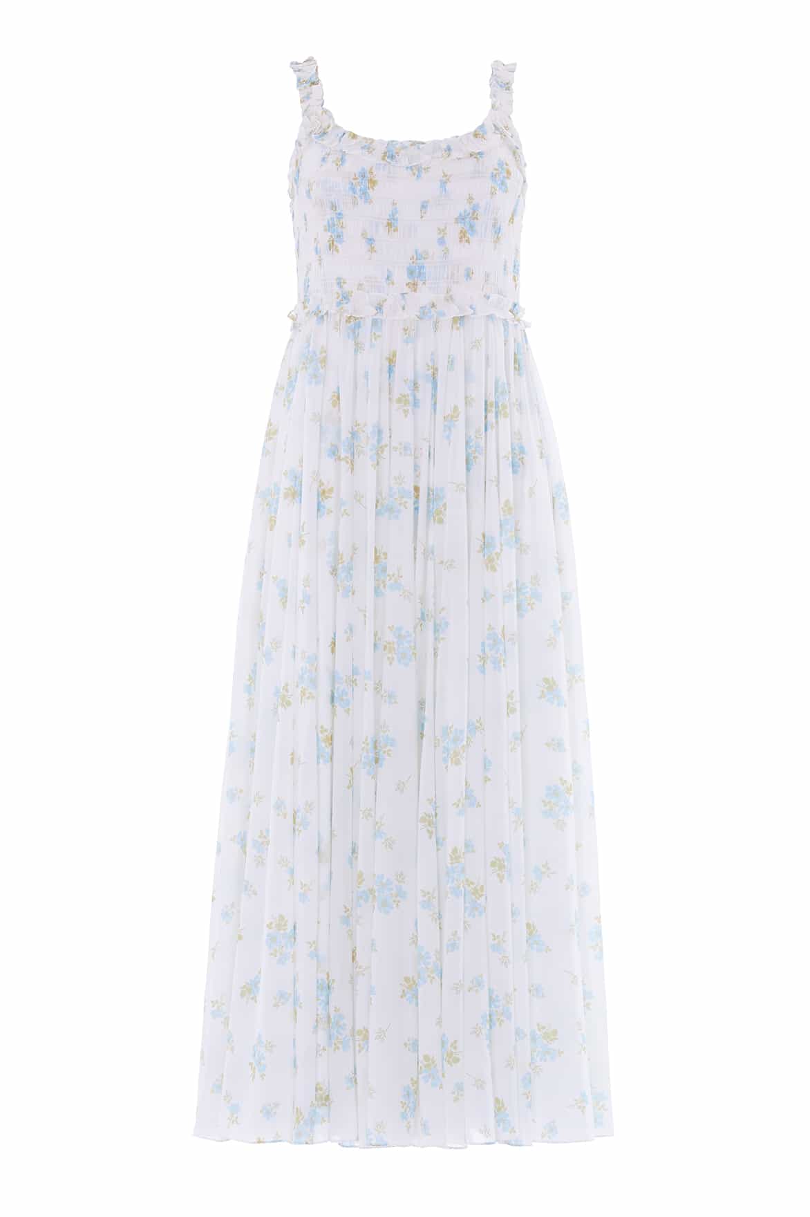Needle & Thread Magnolia Ditsy Chiffon Smocked Cami Ankle Gown in White/Aqua - Dresses - British Luxury Evening Wear at Coveti