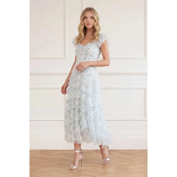 Needle & Thread Magnolia Ditsy Lola Backless Ballerina Dress in White/Aqua - Dresses - British Luxury Evening Wear at Coveti