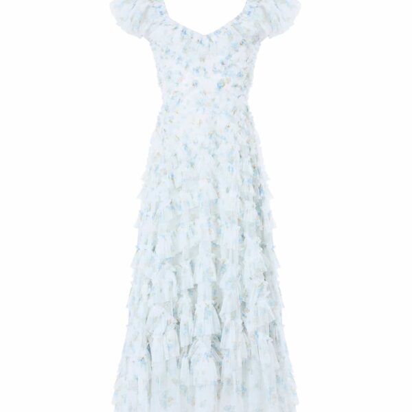 Needle & Thread Magnolia Ditsy Lola Backless Ballerina Dress in White/Aqua - Dresses - British Luxury Evening Wear at Coveti