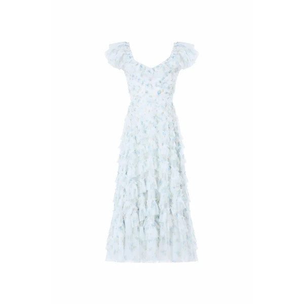 Needle & Thread Magnolia Ditsy Lola Backless Ballerina Dress in White/Aqua - Dresses - British Luxury Evening Wear at Coveti