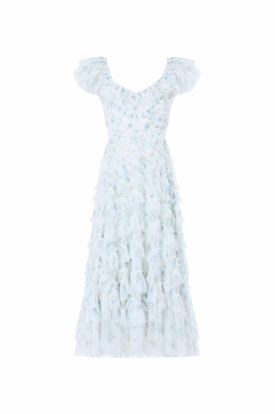 Needle & Thread Magnolia Ditsy Lola Backless Ballerina Dress in White/Aqua - Dresses - British Luxury Evening Wear at Coveti