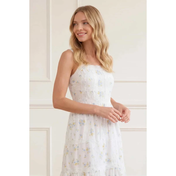 Needle & Thread Magnolia Ditsy Sophia Bib Ankle Gown in White/Aqua - Dresses - British Luxury Evening Wear at Coveti
