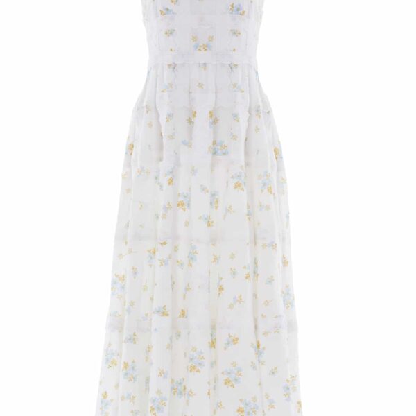 Needle & Thread Magnolia Ditsy Sophia Bib Ankle Gown in White/Aqua - Dresses - British Luxury Evening Wear at Coveti