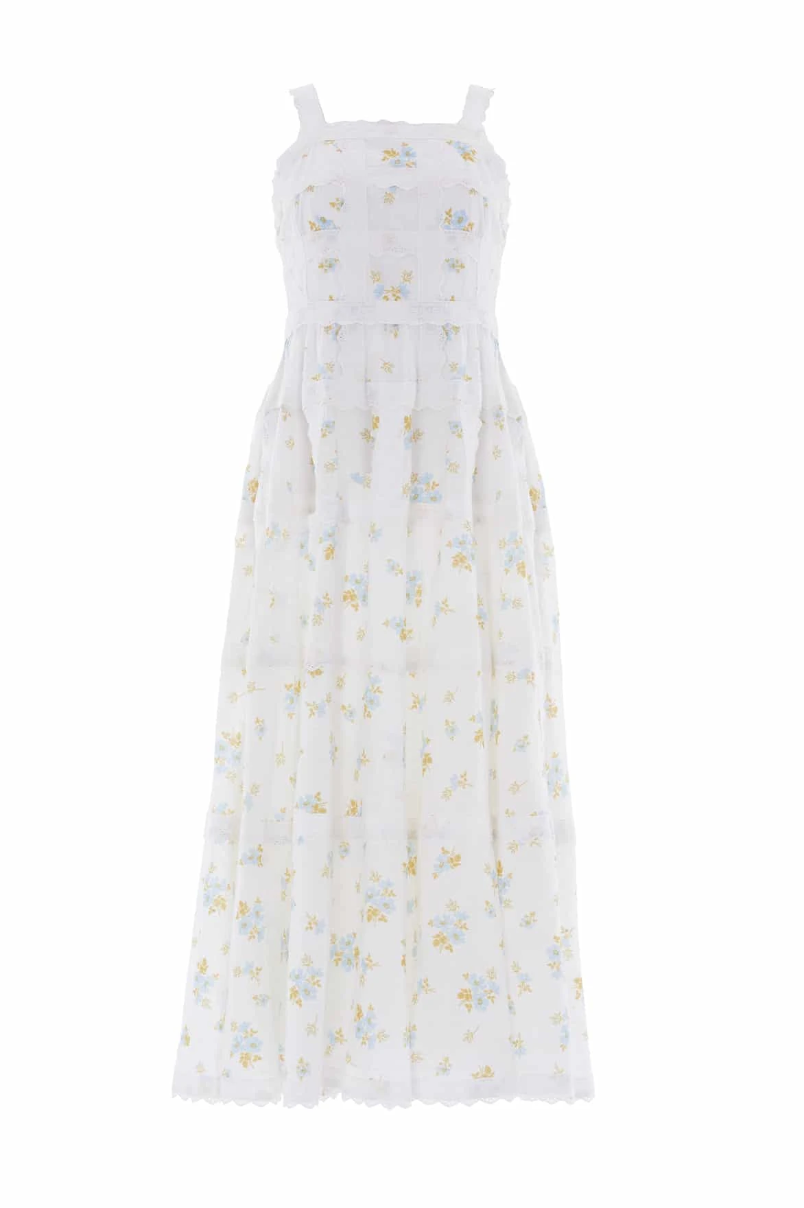Needle & Thread Magnolia Ditsy Sophia Bib Ankle Gown in White/Aqua - Dresses - British Luxury Evening Wear at Coveti Needle & Thread Magnolia Ditsy Sophia Bib Ankle Gown in White/Aqua - Dresses - British Luxury Evening Wear at Coveti