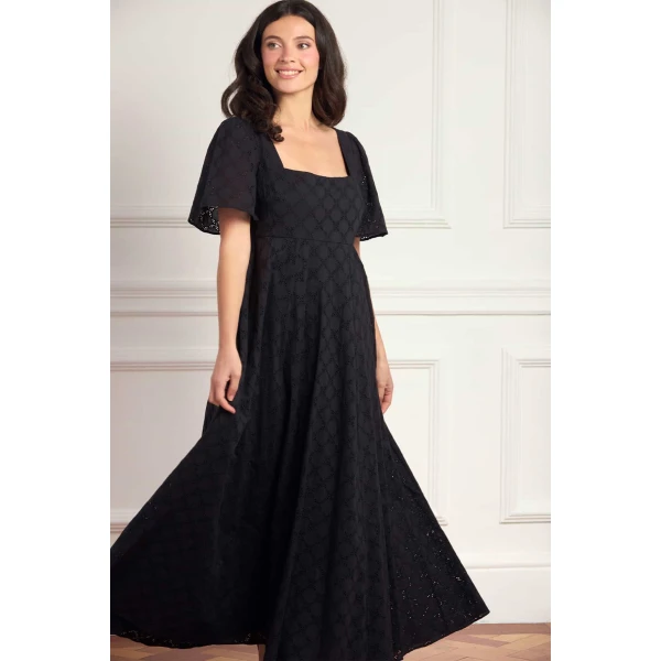 Needle & Thread Marisol Cotton Broderie Short Sleeve Ankle Gown in Jet Black - Dresses - British Luxury Evening Wear at Coveti